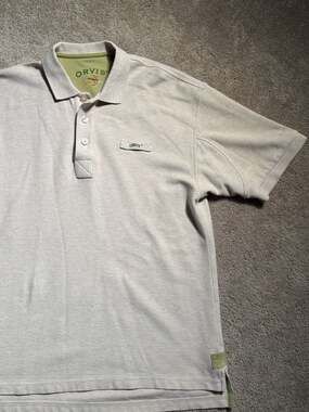 ORVIS Shirt Mens Medium Tan Polo Heavy Cotton Embroidered Outdoor